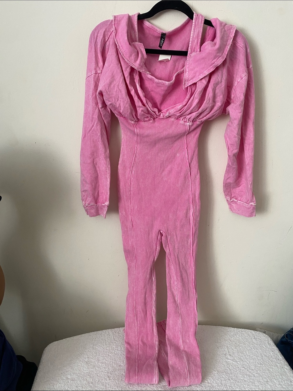 Pink Ribbed One-Piece Jumpsuit with Attached Jacket